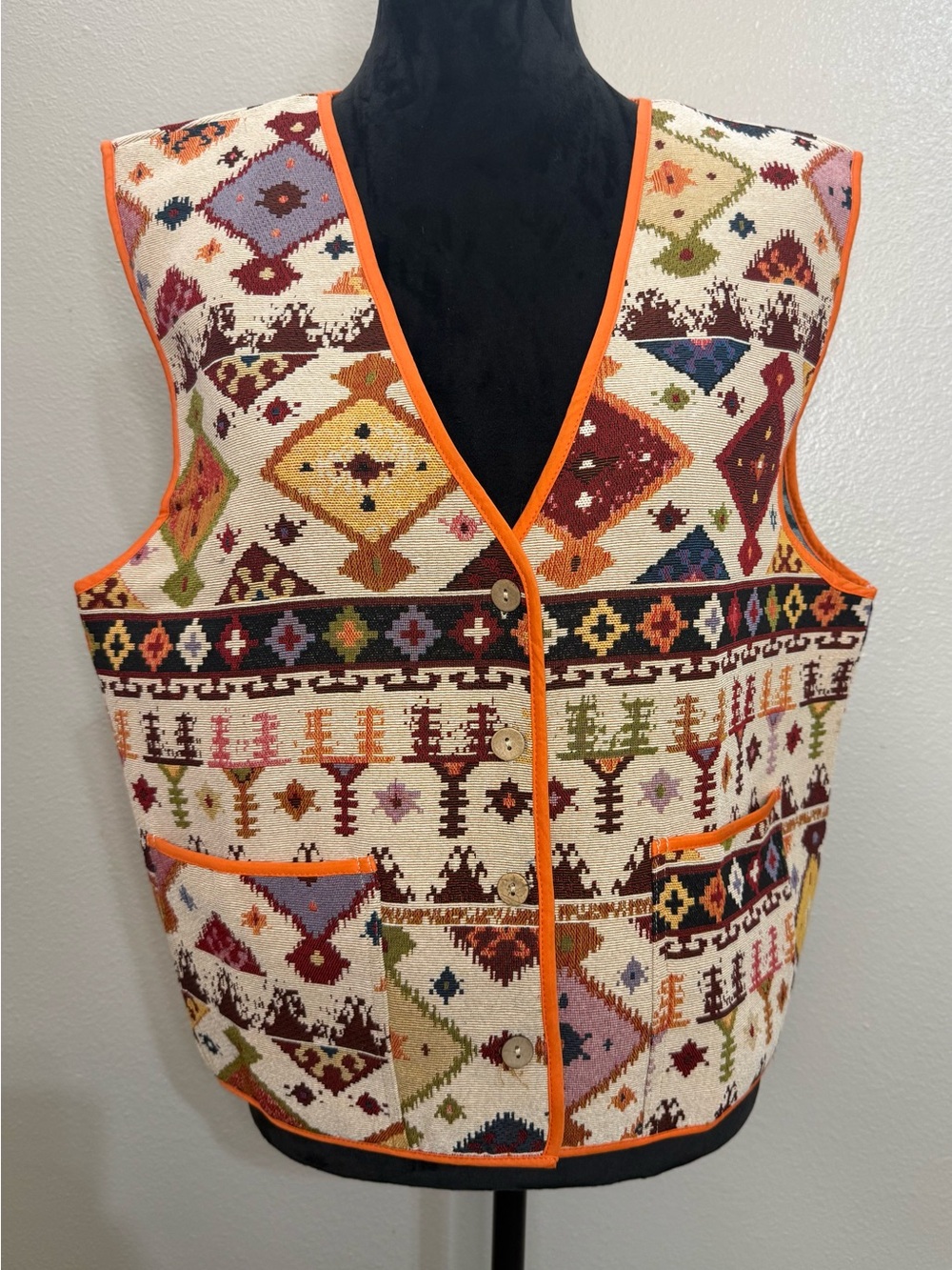 Multicolor Geometric Knit Vest with Orange Trim